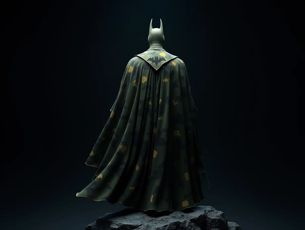 Batman Camouflage cloak, bright shadings stands on a rock 4K resolution black background bright shadings