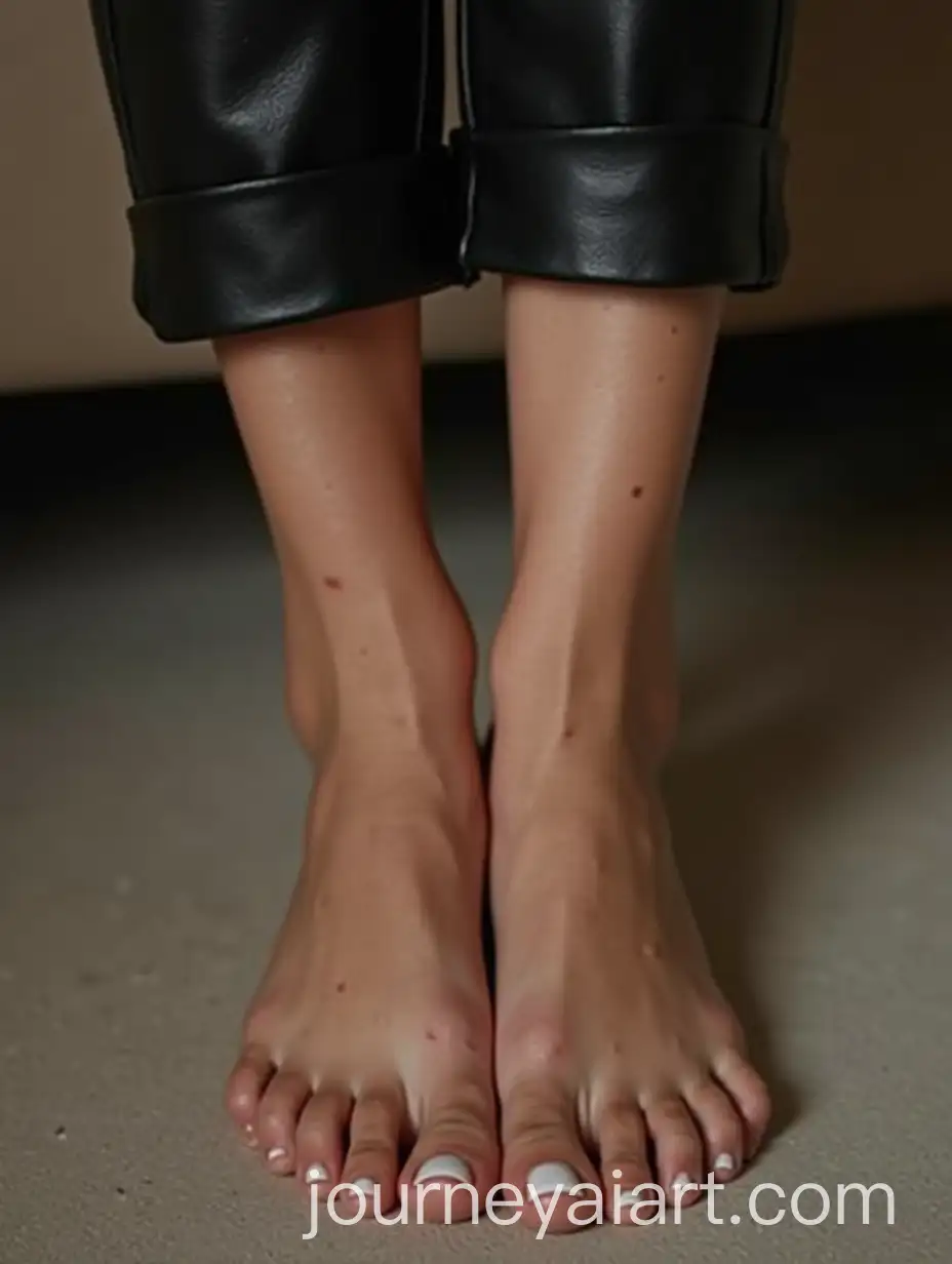 Barefoot-Girl-with-White-Toenails-and-Leather-Trousers