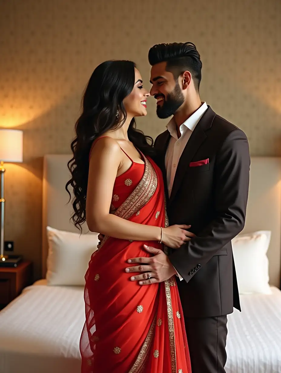 A stunning full-body Indian couple at their wedding, standing closely together in a romantic embrace, smiling warmly. groom holding her from back. groom puts one hand on her waist, The bride has a endomorph, curvier figure with a cute, beautiful round face and is wearing a vibrant red and gold net saree with intricate embroidery, draped elegantly. She is wearing a sleeveless short blouse, enhancing the sizzling stylish sexy look. She has a fair, radiant skin tone. The groom is dressed in a well-fitted, stylish suit with a beard and mustache and also has a fair skin tone. The background features a beautifully decorated bedroom with a white bedsheet, enhancing the intimate and romantic atmosphere. The image is high resolution and make it realistic. 8K