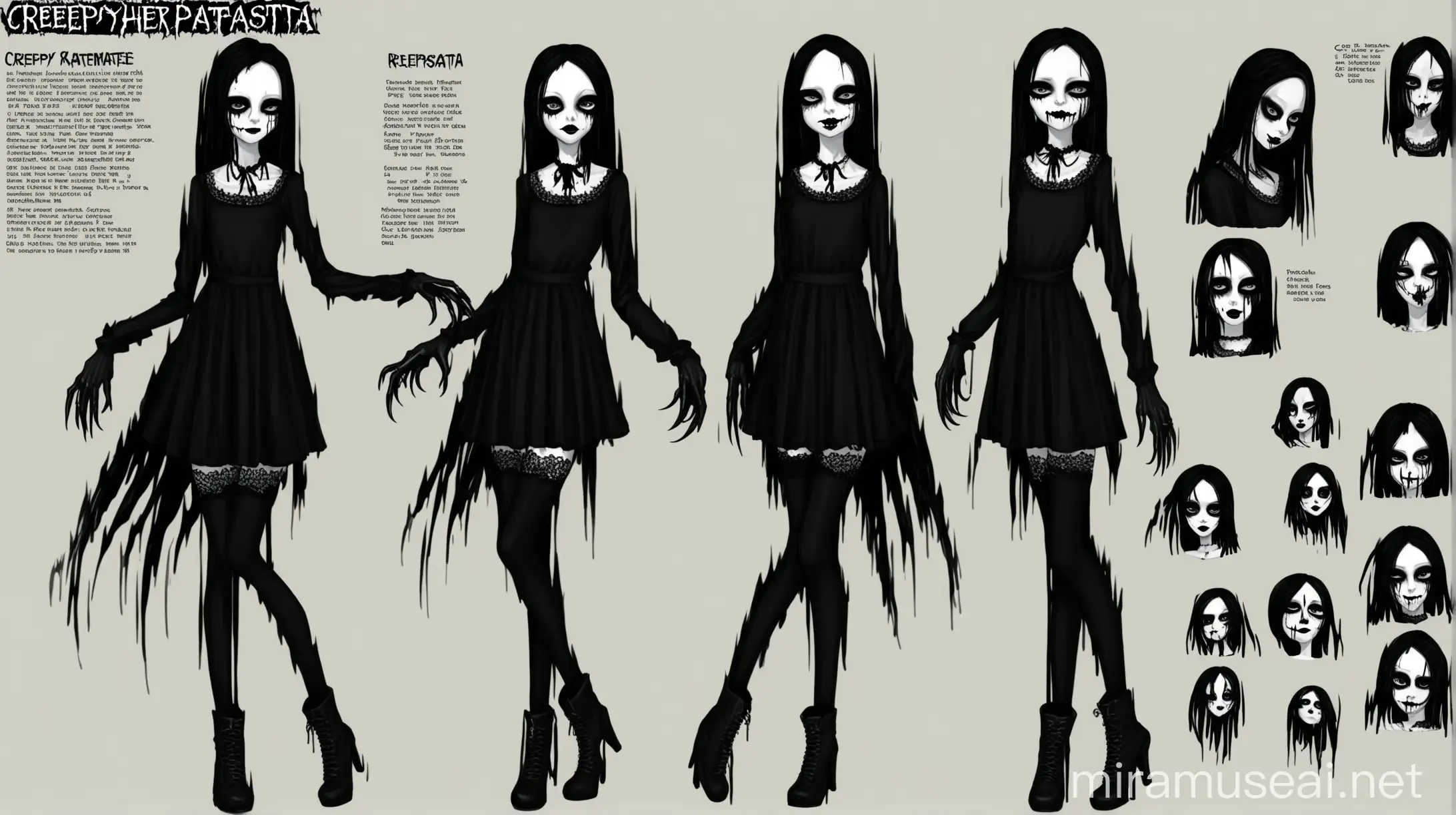 Creepypasta Character Reference Sheet Gothic Female with Black Hair and Clawed Hands