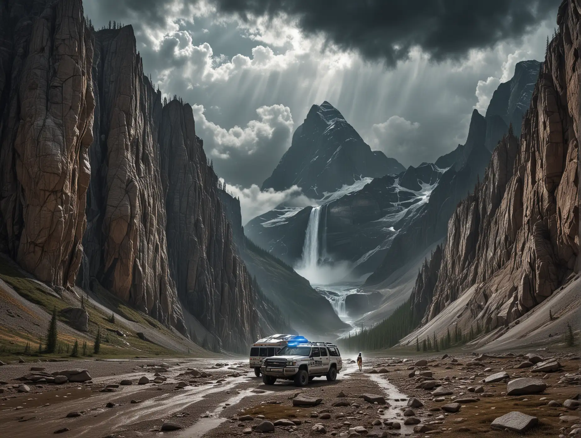 An alien ship is seen in dark sky clouds in a mountain valley with high-resolution and highly detailed mountain rock texture in Jasper National Park, with a massive waterfall in the distance, with a female astronaut in a bikini standing in front of her vehicle in the distance. The image is high-quality and high-resolution. No NSFW.