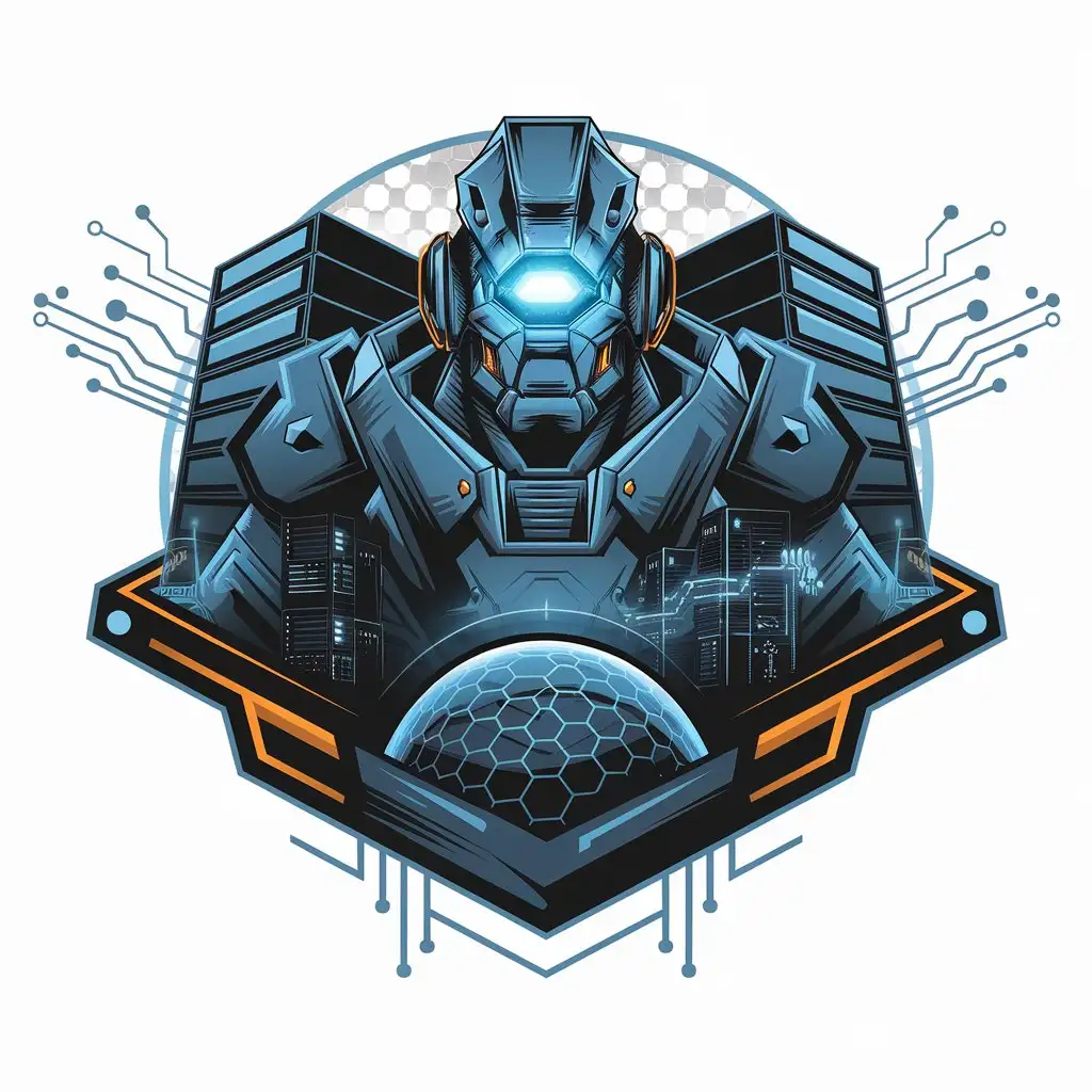 LOGO Design for Advanced Robotics Commanding Robotic Figure with Blue Eye and Hexagonal Patterns