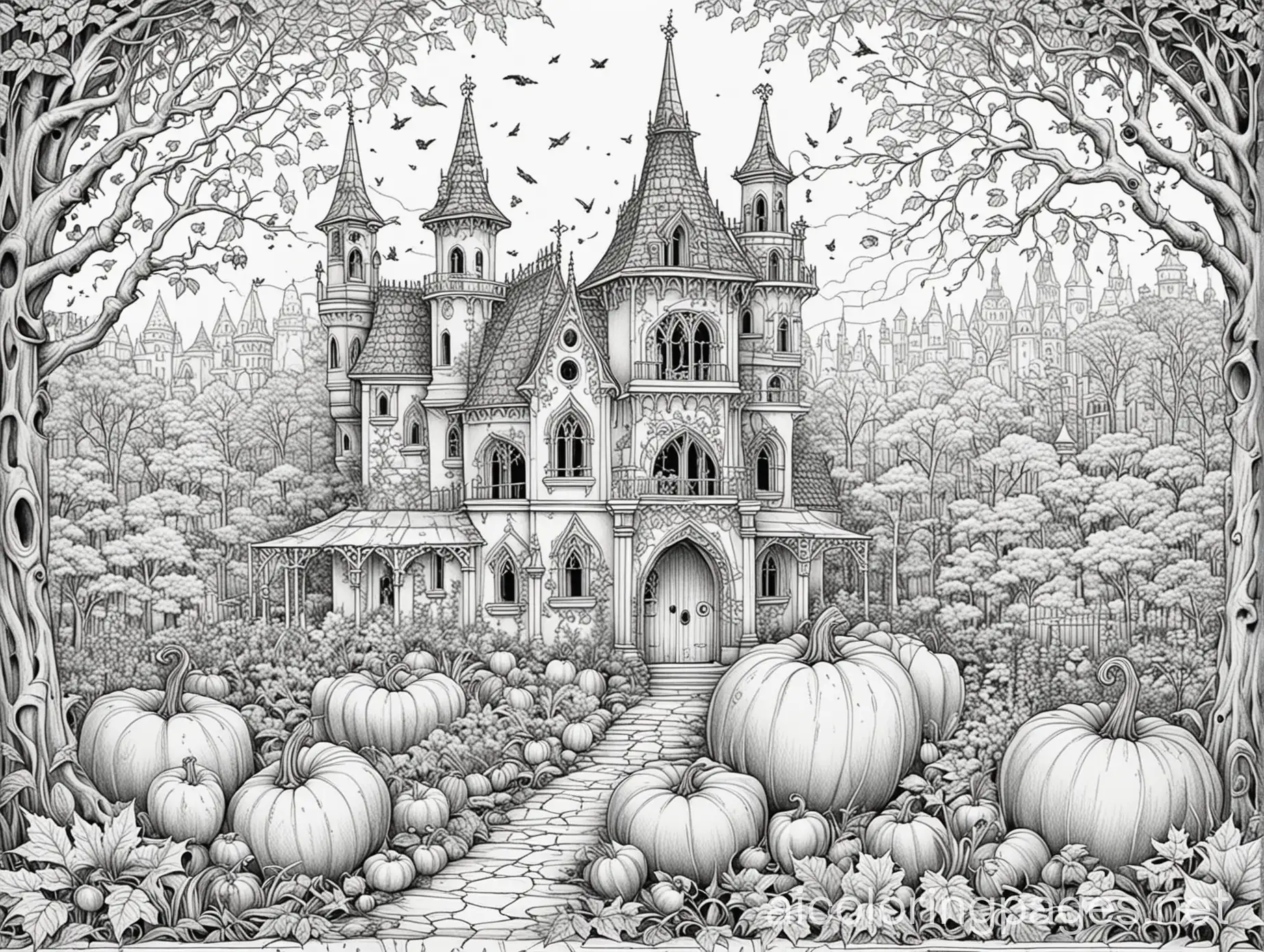 highly detailed gothic fall designs, Coloring Page, black and white, line art, white background, Simplicity, Ample White Space. The background of the coloring page is plain white to make it easy for young children to color within the lines. The outlines of all the subjects are easy to distinguish, making it simple for kids to color without too much difficulty