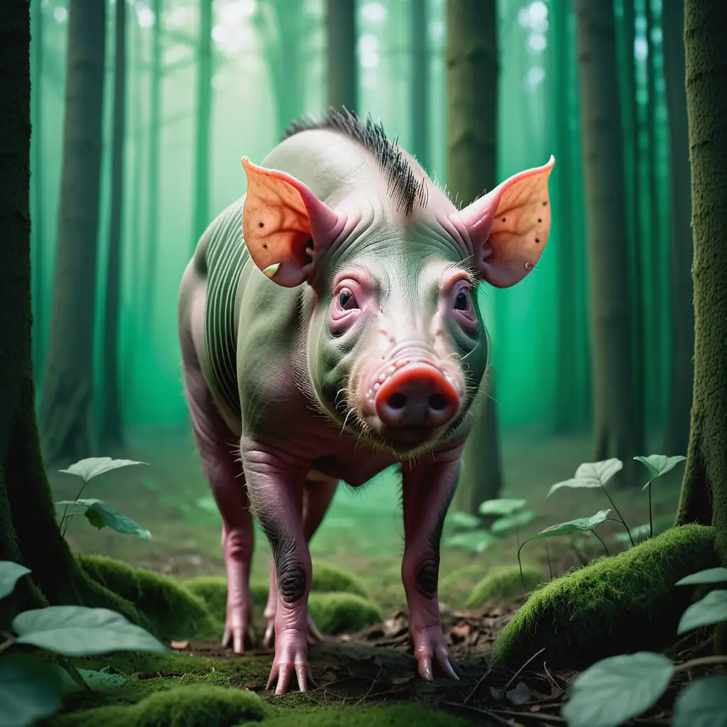 Hairless Boar in Enchanted Forest with Green Color Palette