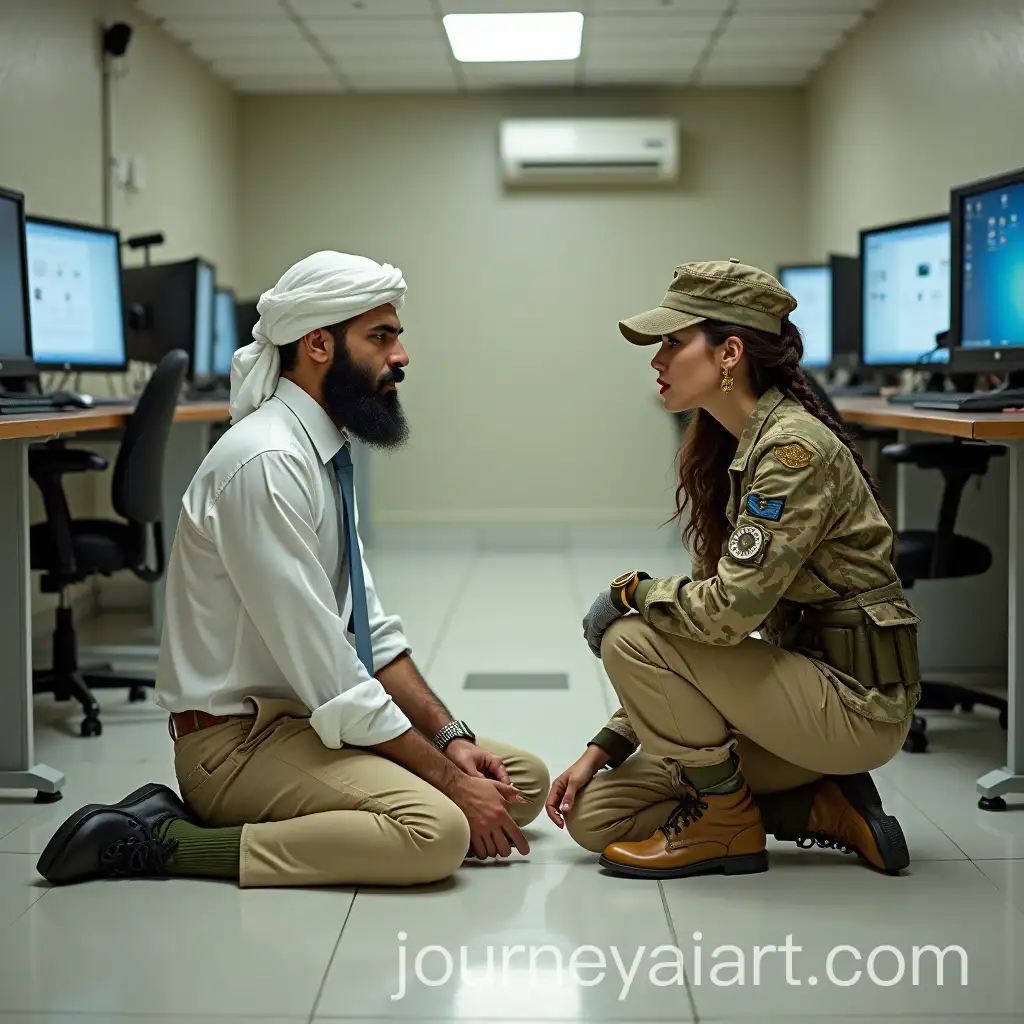 Arab-Sheikh-and-Military-Woman-in-Underground-Bunker-with-Technology-and-Surveillance