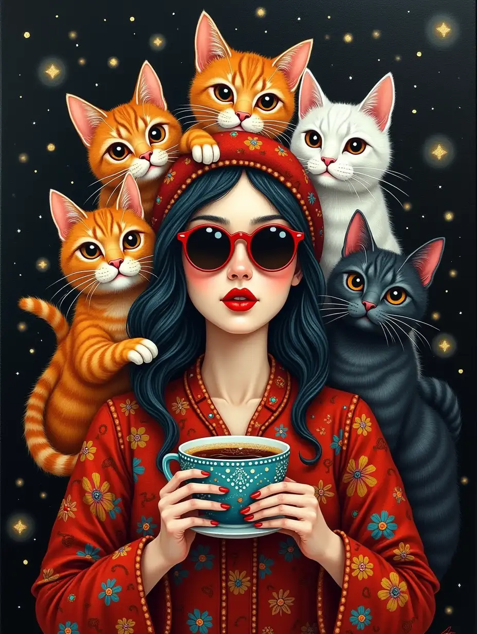 Create an oil painting on a dark black background, featuring a woman in the center holding a cup of tea or coffee. She has pale skin, bold red lips, and is wearing large, round sunglasses. Surround her with a colorful, intricate arrangement of cats of various breeds, with detailed fur and expressive eyes. Each cat should have a unique color, including orange, white, gray, and black. The woman's clothing and the cup should feature vibrant, swirling patterns reminiscent of traditional folk art, using warm, rich tones of red, gold, and deep blue. The overall atmosphere should feel mystical and whimsical, with a dreamy, celestial vibe, and soft glowing lights in the background.