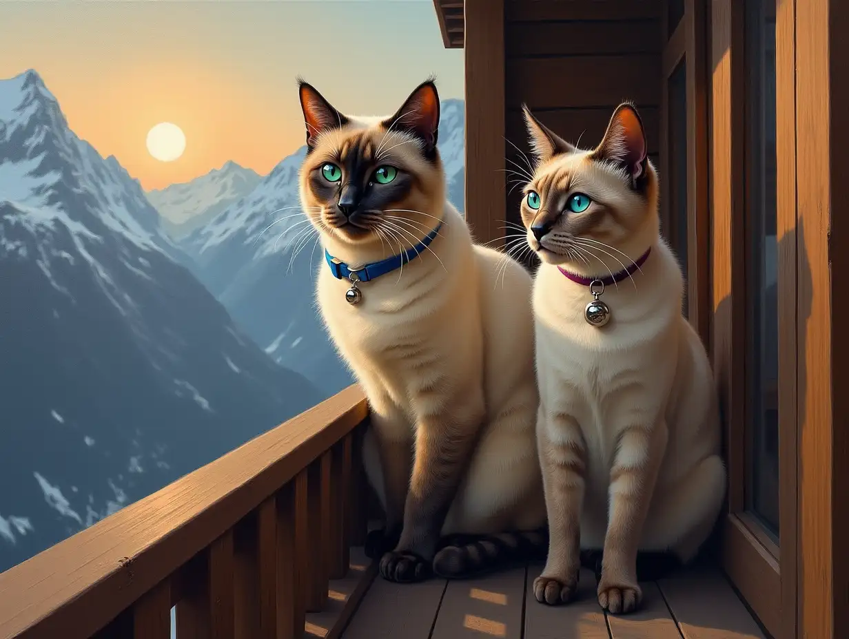 An oil painting with Two Short Hair Tonkanise-Siamese cats, A male with light fur, Green eyes, blue collar and a small silver bell, and a slender elegant female with dark tips and darker fur, with blue eyes, red collar and a small silver bell, are sitting on the Balcony hand rail of the Swiss Chalet  with the Alps to the Left, at sun set, The background is a dark gray, creating an atmosphere of mystery and elegance, --s 500 --v 6.0 --style raw --ar 51:91