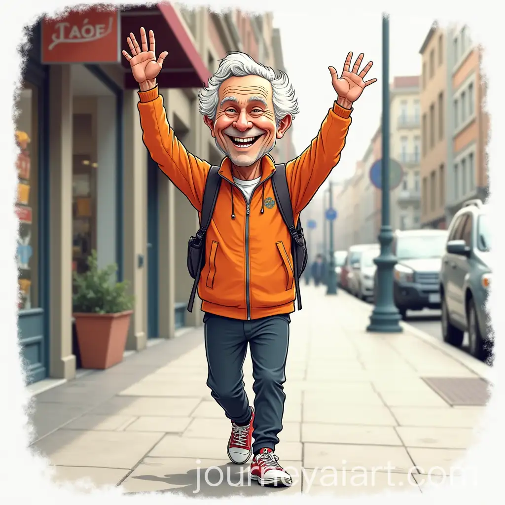 Happy-Old-Man-in-Sportswear-Walking-on-Sidewalk-with-Raised-Hands