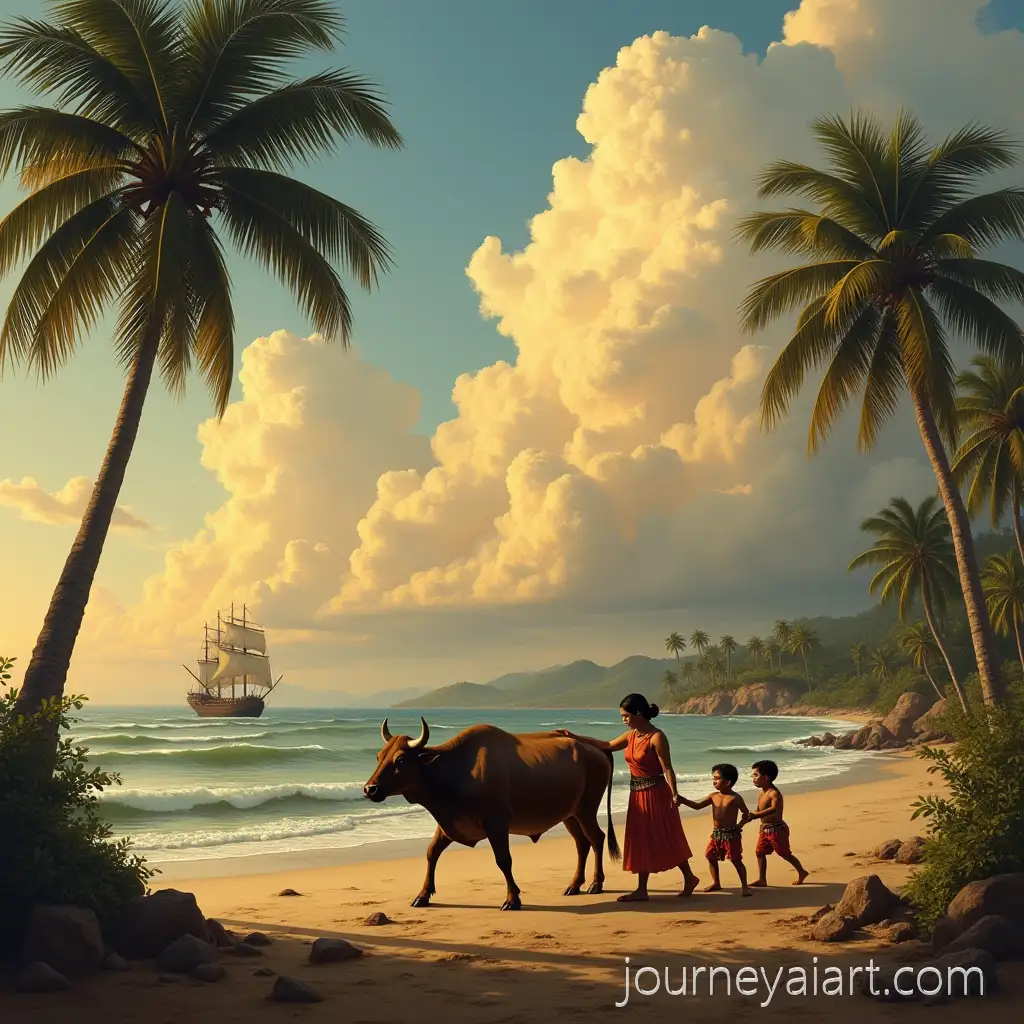 Filipino-Family-Tending-Water-Buffalo-by-the-Sea-with-Spanish-Galleon-and-Intramuros-in-the-Background