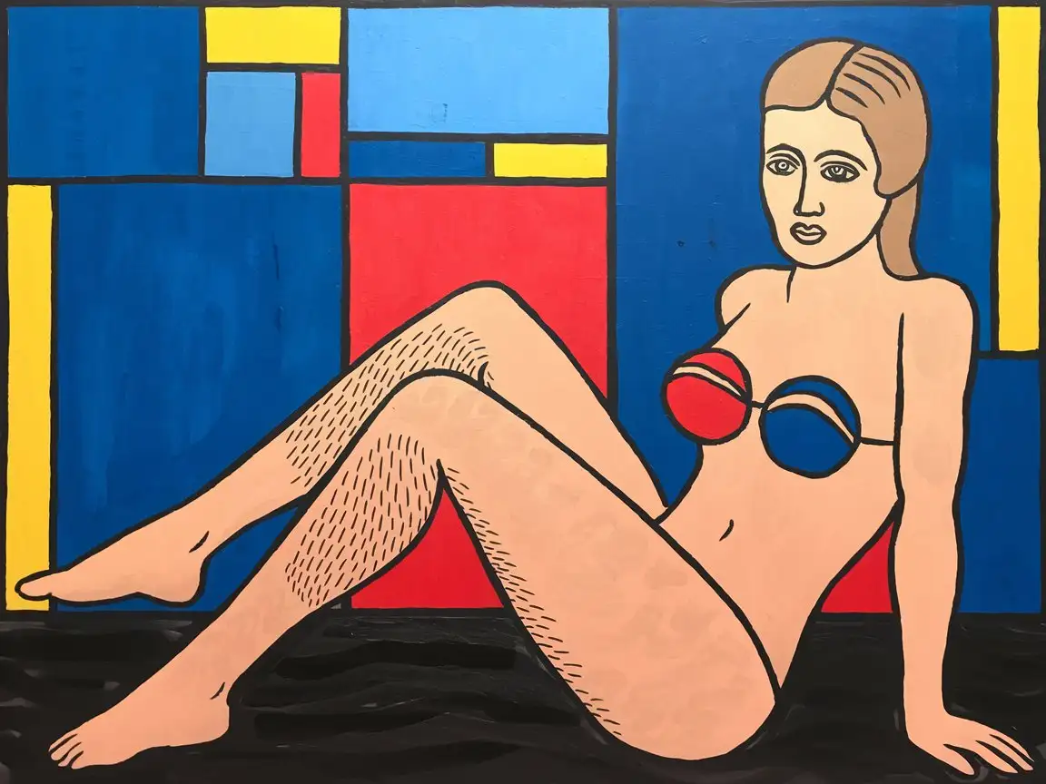 make an oil painting based on artists like piet mondrian and yayoi kusama, woman and abstraction, feminism, beauty stereotypes, plastic surgeries, hairy legs