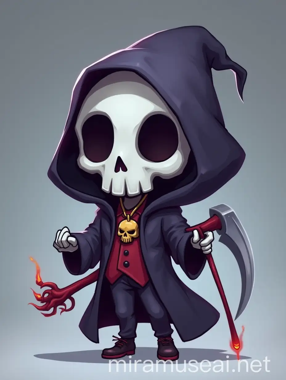 Game character design, fullbody, arcane style, league of legends style, stylised, cute grim reaper, big stylised skull, scythe, chibi