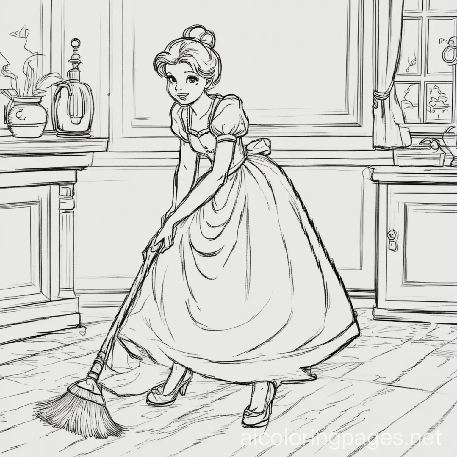 Cinderella Cleaning the house, Coloring Page, black and white, line art, white background, Simplicity, Ample White Space. The background of the coloring page is plain white to make it easy for young children to color within the lines. The outlines of all the subjects are easy to distinguish, making it simple for kids to color without too much difficulty