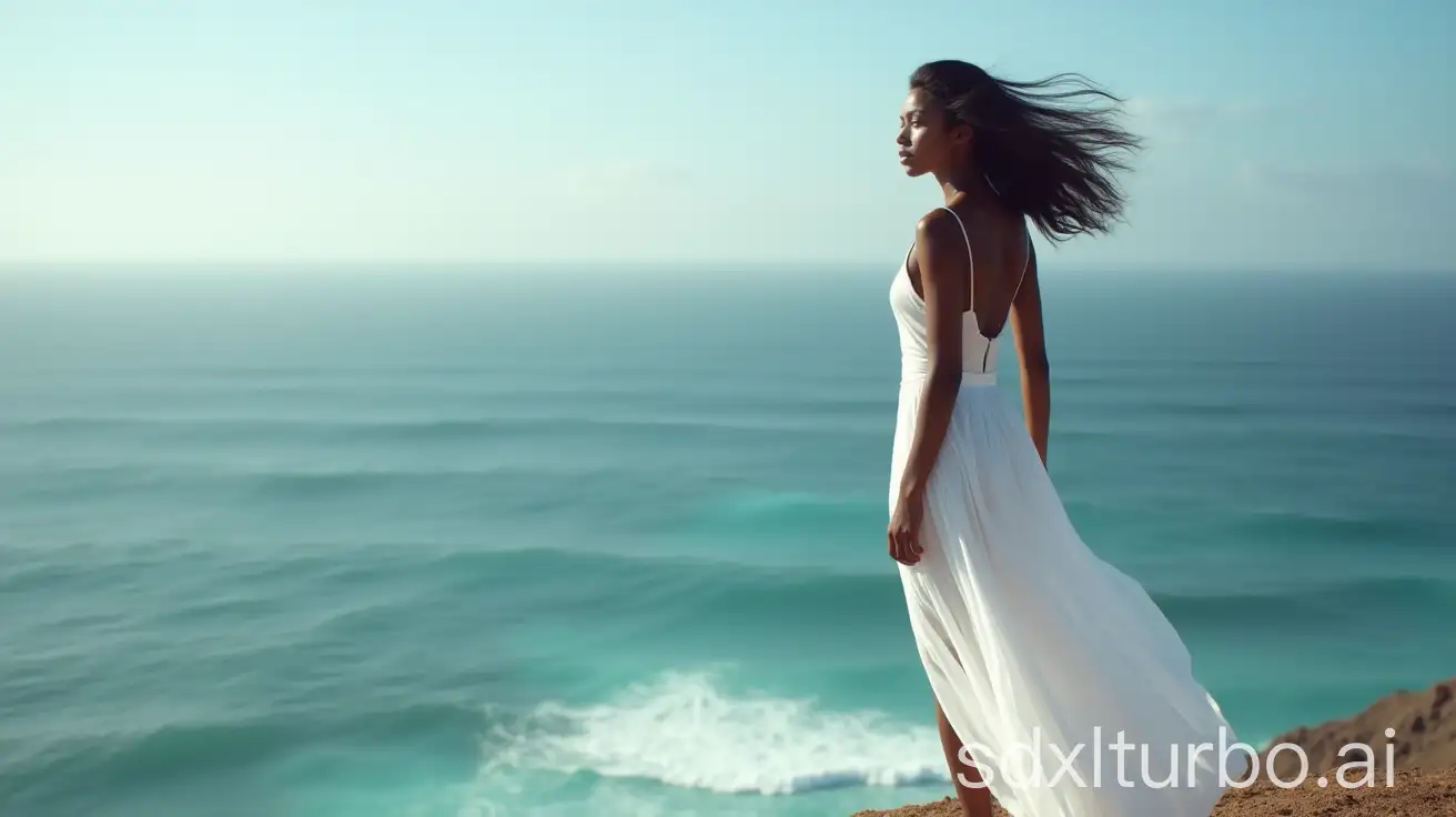 Beautiful-Black-Woman-in-White-Dress-Standing-on-Cliff-Overlooking-the-Ocean