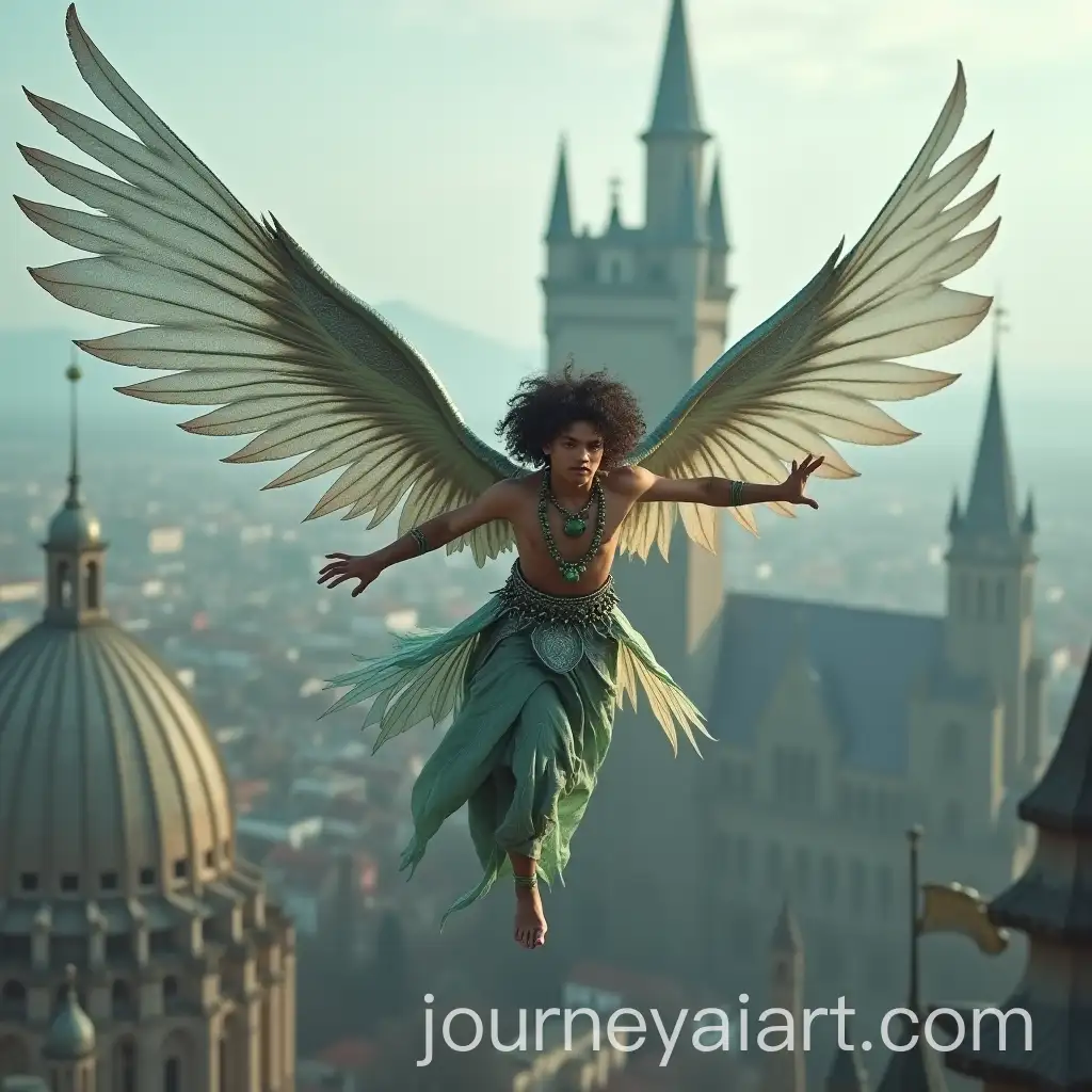 Handsome-Halfling-Male-Fairy-with-Bluejay-Wings-Flying-Above-Medieval-City-Spires