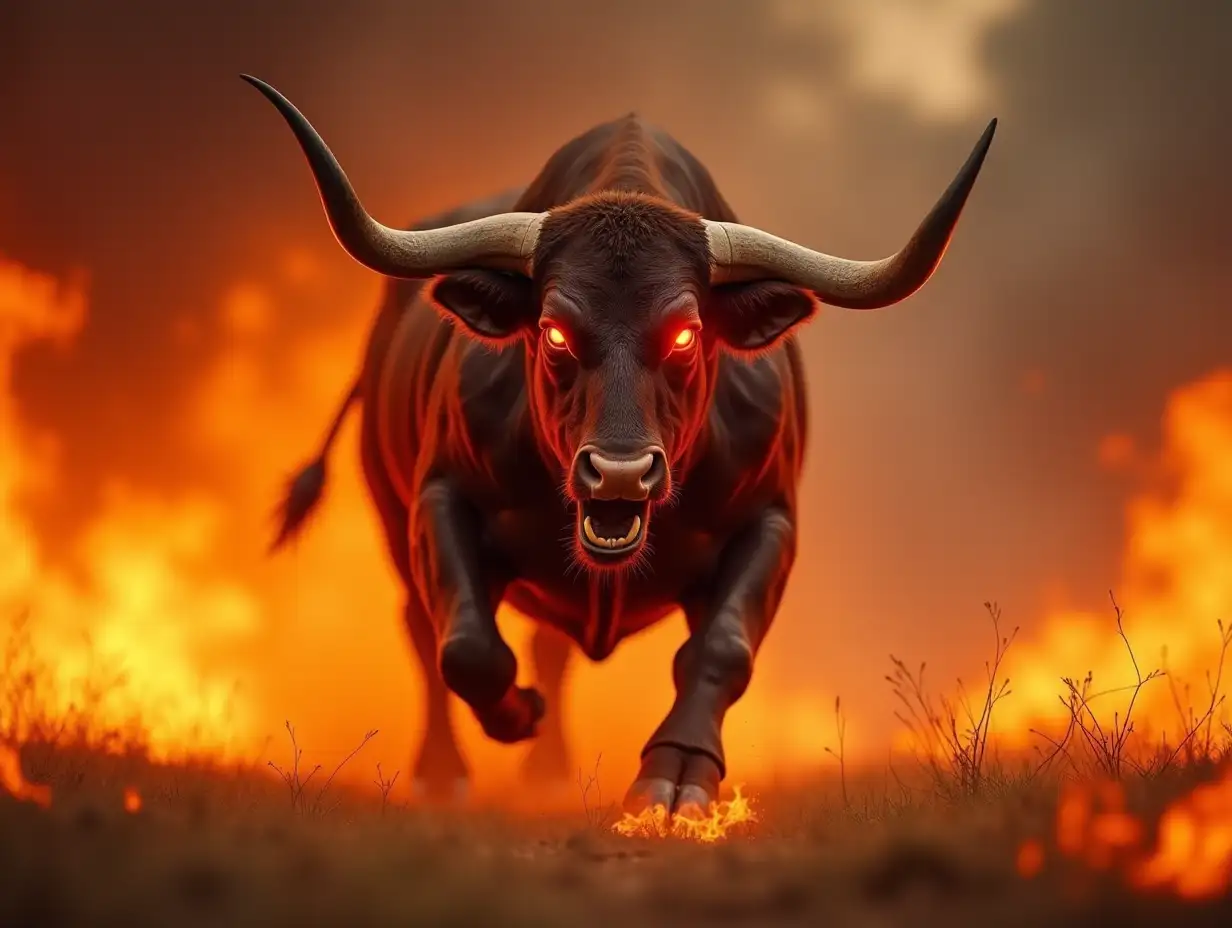 A angry raging bull charges through a field of fire, powerful muscles and red angry eyes with flames