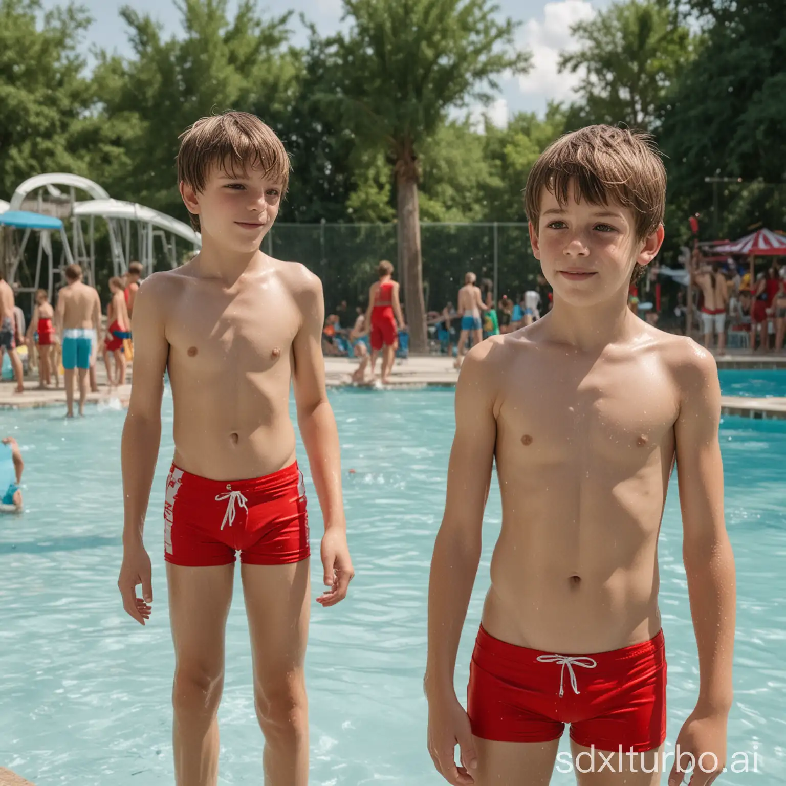 Two-Boys-Conversing-at-Waterpark-with-Red-Swimwear-and-Other-Kids-Nearby