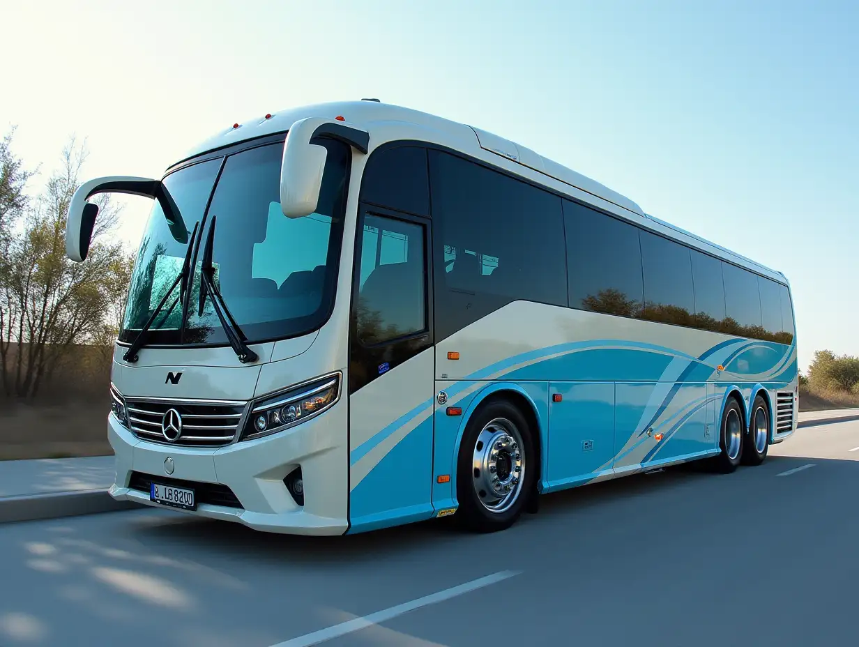 Supermodern bus with spoilers, lowered, aluminum  wheels, cream, blue,colors, Cyberpunk