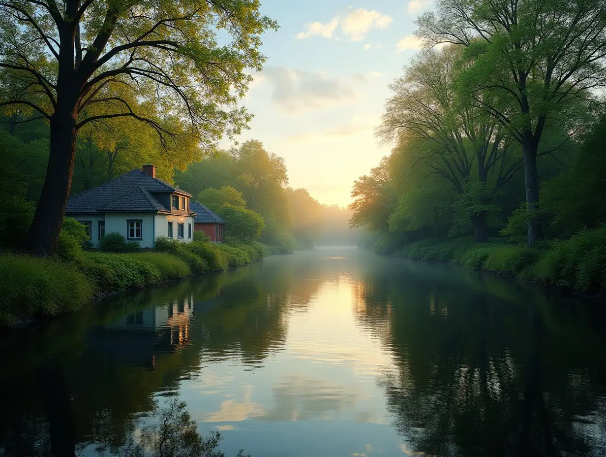 As the first light of dawn breaks over the horizon, the serene riverside comes to life. The gentle flow of the river mirrors the lush greenery on its banks, creating a tranquil scene that feels like a hidden retreat from the bustling world. A quaint house peeks through the foliage, its presence adding a touch of charm to the landscape. The sky, painted with soft blues and warm yellows from the rising sun, casts a warm glow over everything, enhancing the picturesque quality of this peaceful haven. The reflection on the water’s surface creates a perfect symmetry, inviting a moment of contemplation and peace.