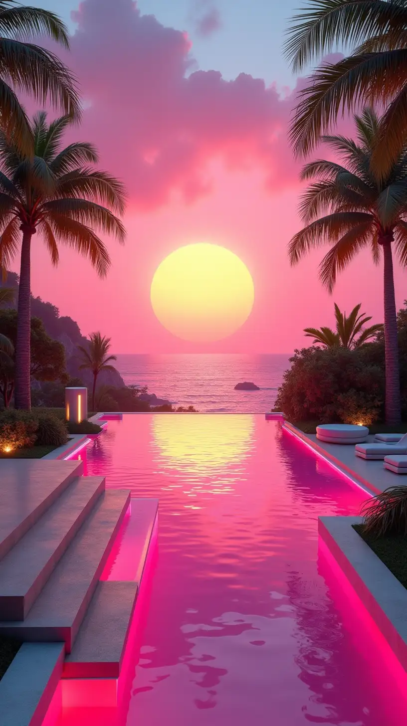 Surreal Sunset Over a Neon Pink Infinity Pool in a Tropical Paradise