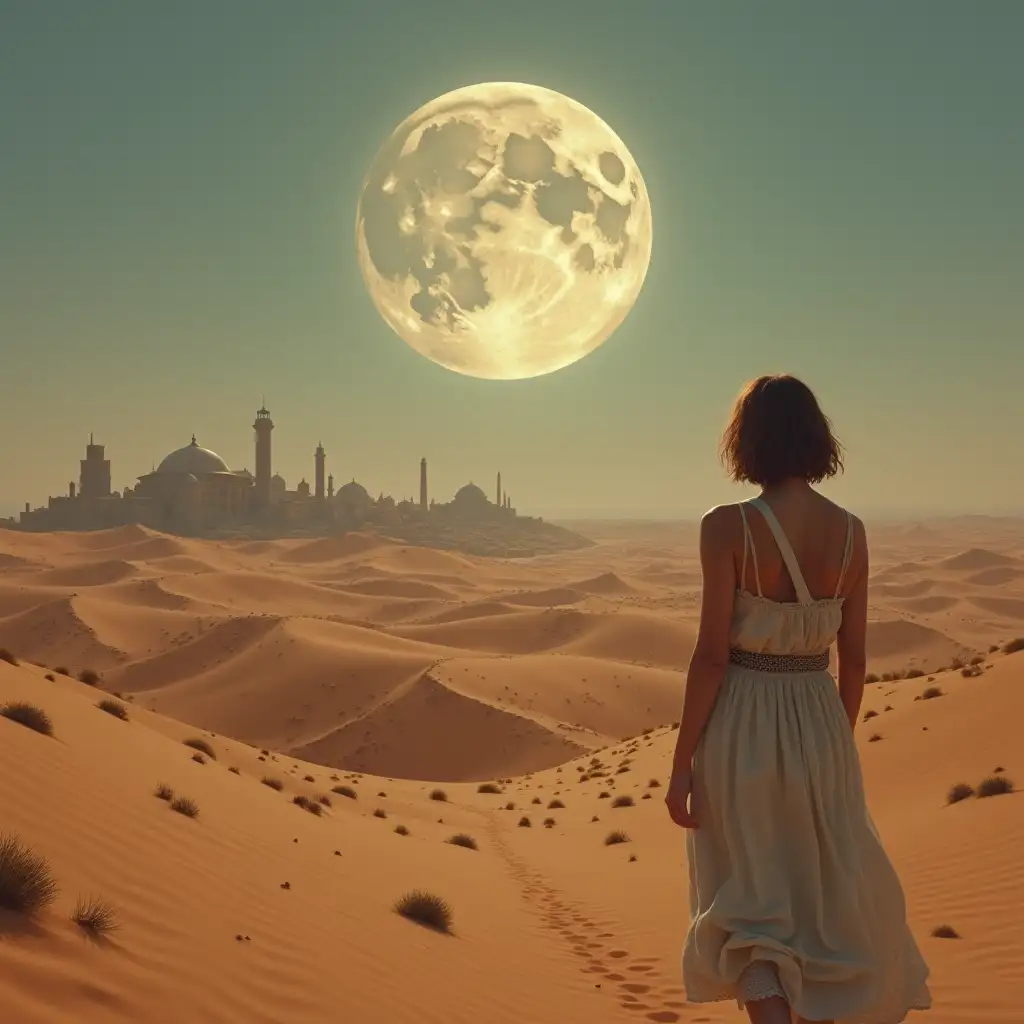 Woman Walking under Fantasy Moon in Desert Townscape 300BC