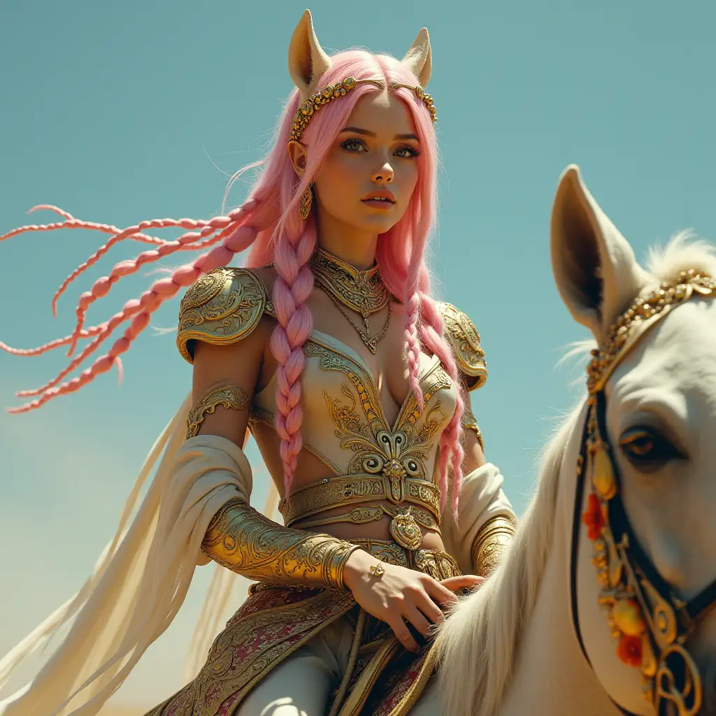 Hyperrealistic portrait of a beautiful alien woman with golden pink braided hair riding a horse that wears elaborately detailed, colorful and futuristic jewelry.