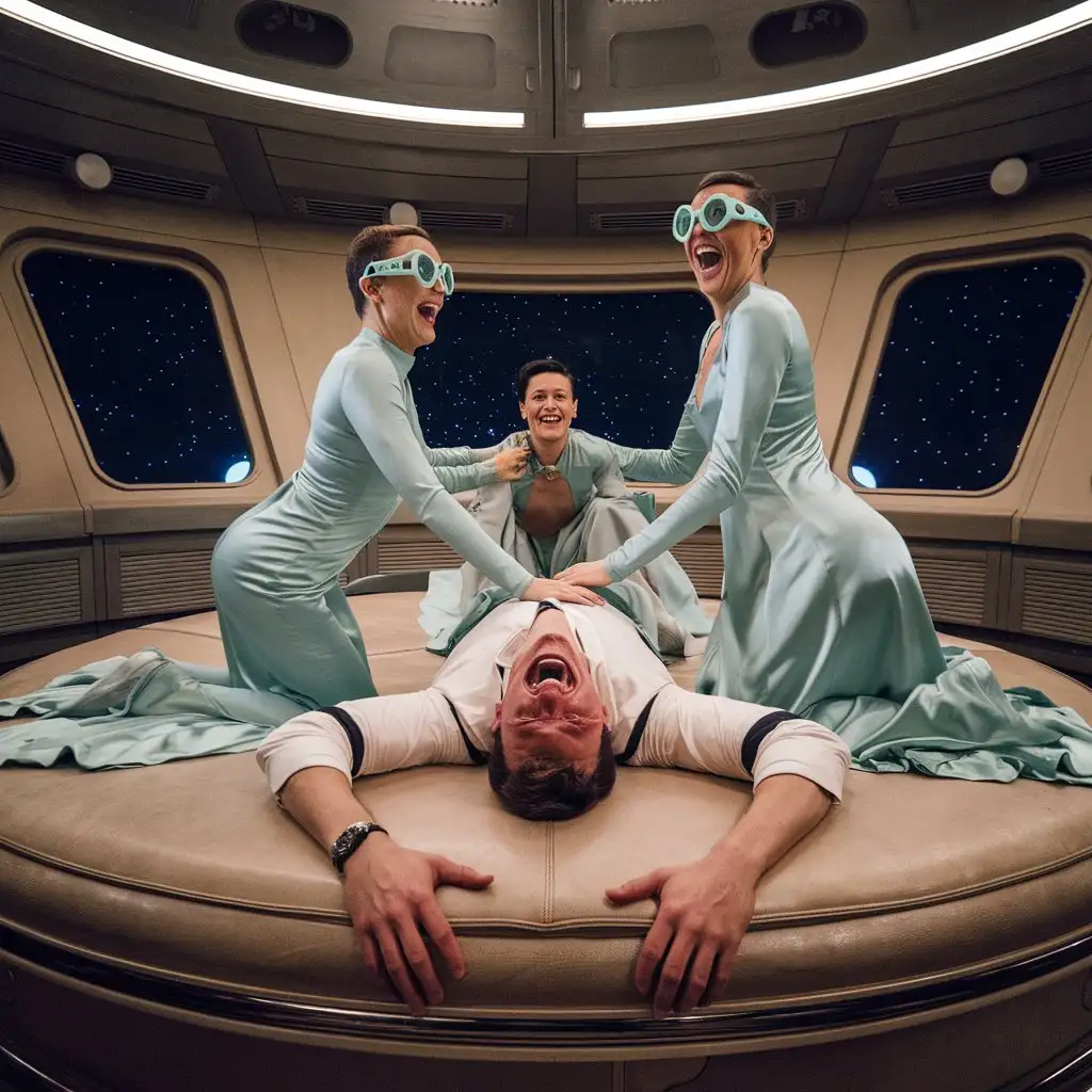 Luxury-Spaceship-Lounge-with-Hysterical-Man-and-Women-in-Satin-Ball-Gowns