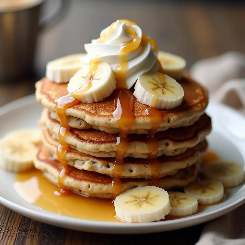 Delicious Oatmeal Banana Pancakes with Whipped Cream and Honey