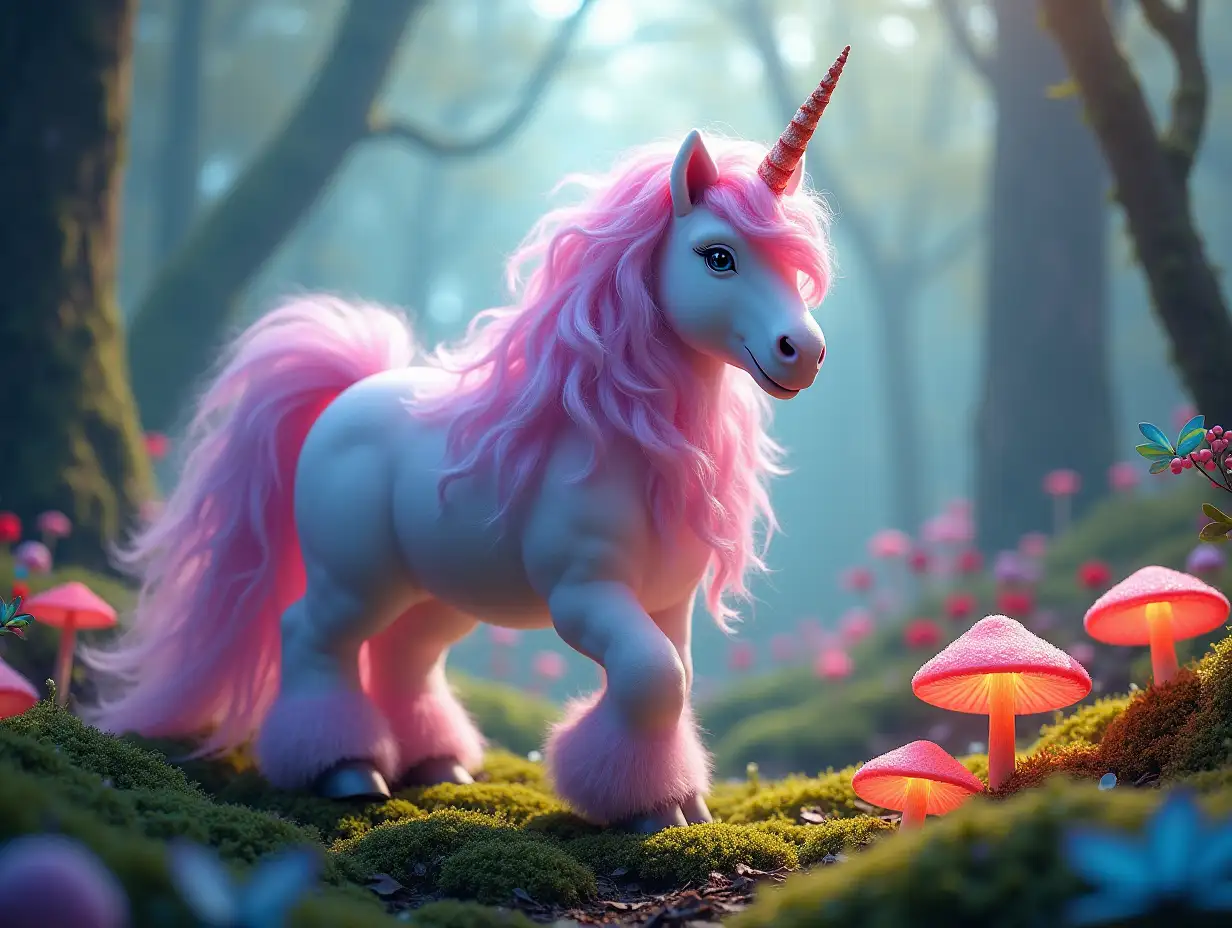 Magical-Cotton-Candy-Unicorn-in-Enchanted-Forest-with-Glowing-Mushrooms