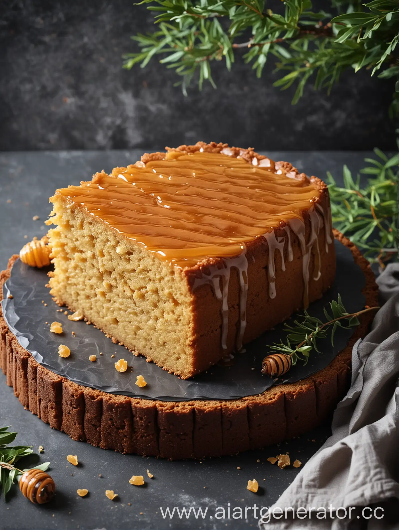 Sliced-Honey-Cake-on-Graphite-Gray-Background-with-Green-Branch