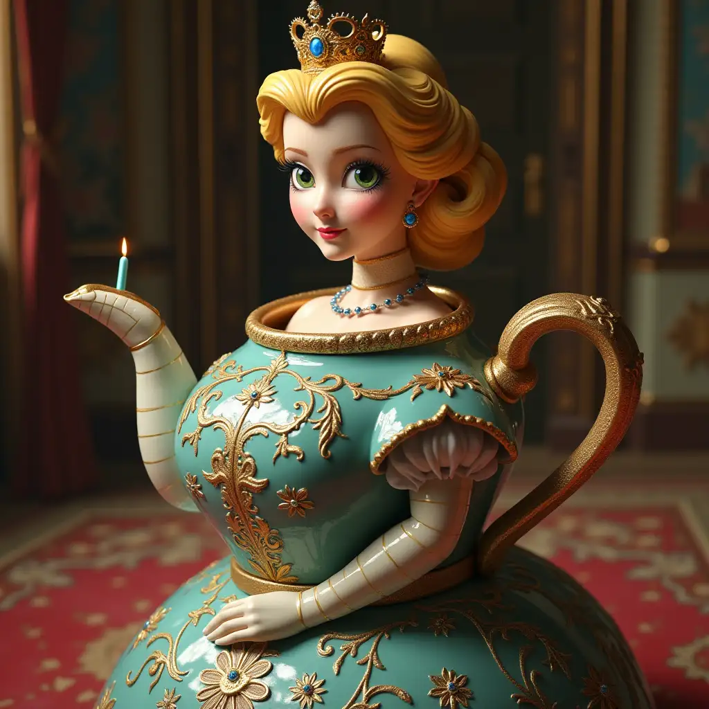 Cinderela in a palace, teapot with eyes mouth nose, breasts with eyes mouth nose