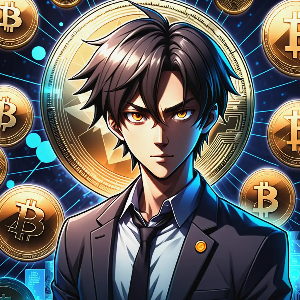 Cryptocurrency images as background image, there is a very cool male in the picture, the male is an anime character and cryptocurrency images surround this male, the male looks rich