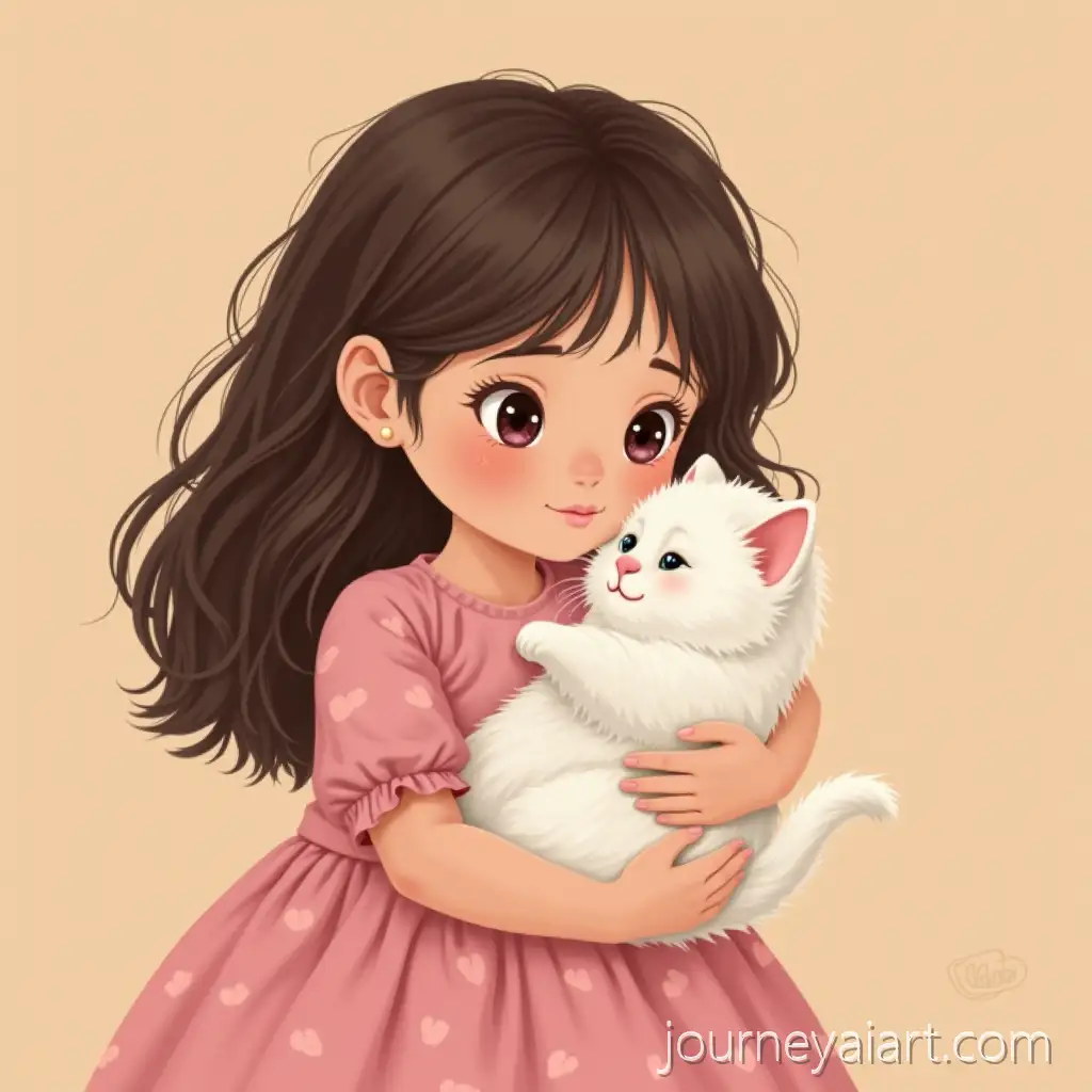 Adorable-Little-Girl-in-Pink-Dress-Cuddling-Fluffy-White-Kitten