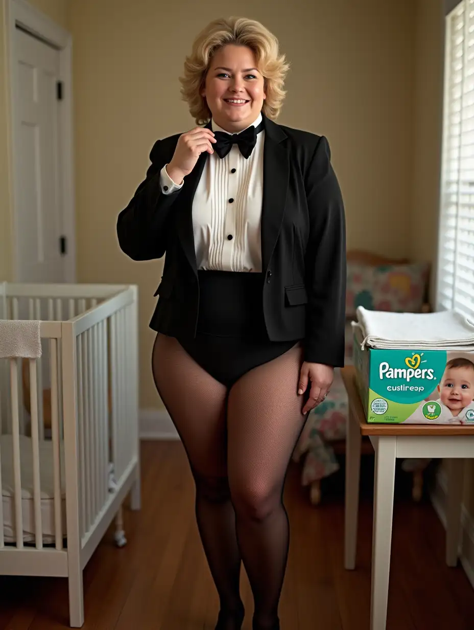 MiddleAged-Woman-in-Formal-Orchestra-Tuxedo-in-Nursery-with-Pampers-Diapers