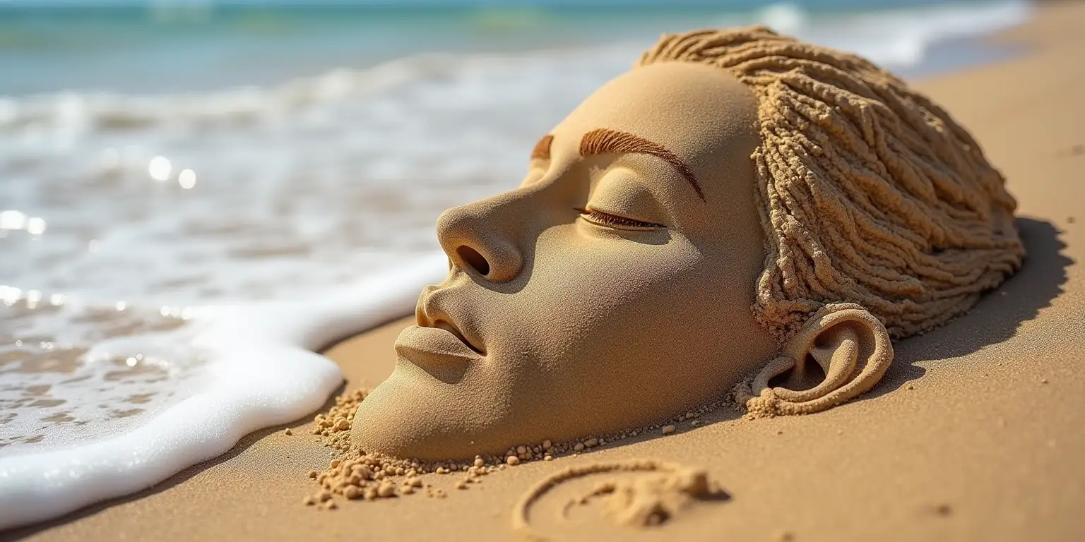 Human Face Washed by Sea Waves Sand Art Texture Details