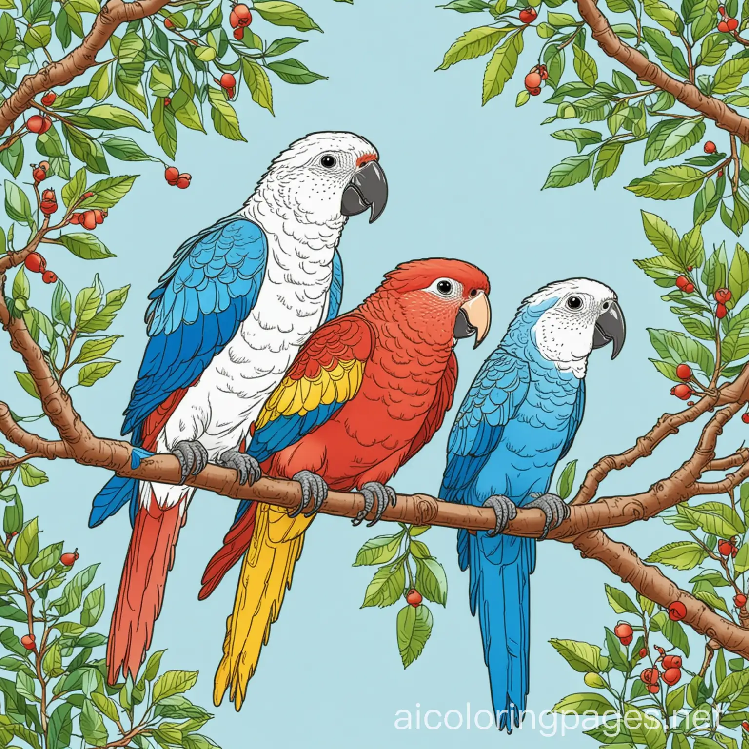 Colorful-Parrots-Perched-on-Tree-Branches-Coloring-Page