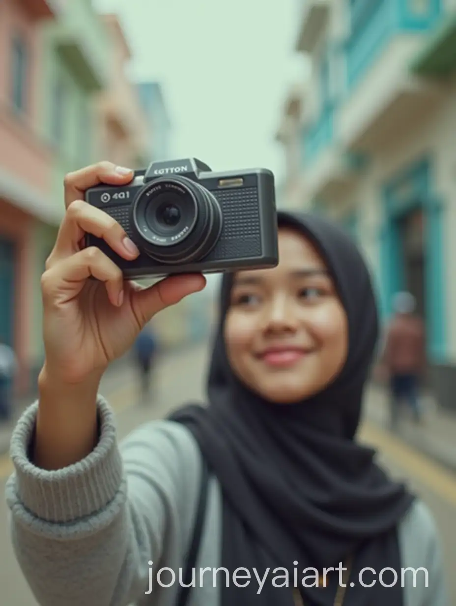 Malay-Girl-in-Hijab-Taking-Selfie-with-Vintage-3GP-Camera-Phone