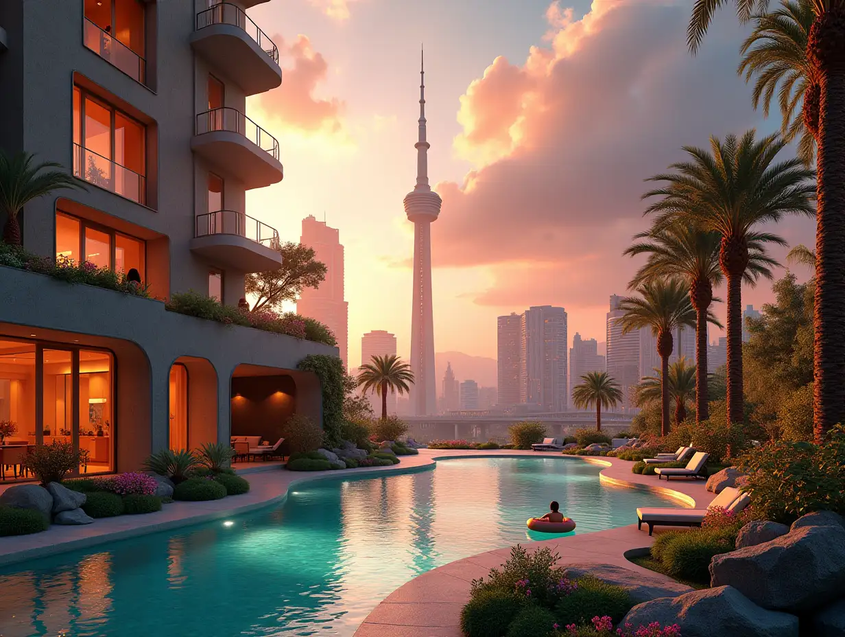 Create a high-resolution, realistic panorama image of a futuristic terrace building with window Tokyo Skytree with bridge, one and a person with swimming pool floats, many plants and colorful flowers White and brown facades in the desert oasis with fountain large trees, very cloudy red sky