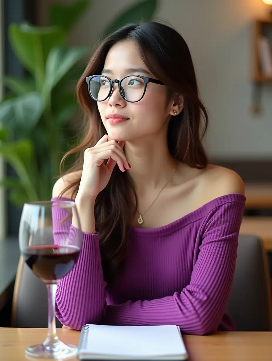 A young Asian woman sits at a cafe table, staring while thinking. She has long, wavy brown hair and wears black-rimmed glasses. Wearing a bright purple off-the-shoulder dress with a textured pattern, she appeared calm and contemplative. In front of him, a glass of wine sat next to a notebook. The backdrop features soft green plants and blurred indoor elements, creating a relaxing atmosphere.