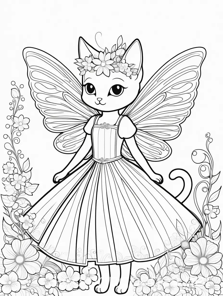 Flower-Dress-Cat-Fairies-Coloring-Page