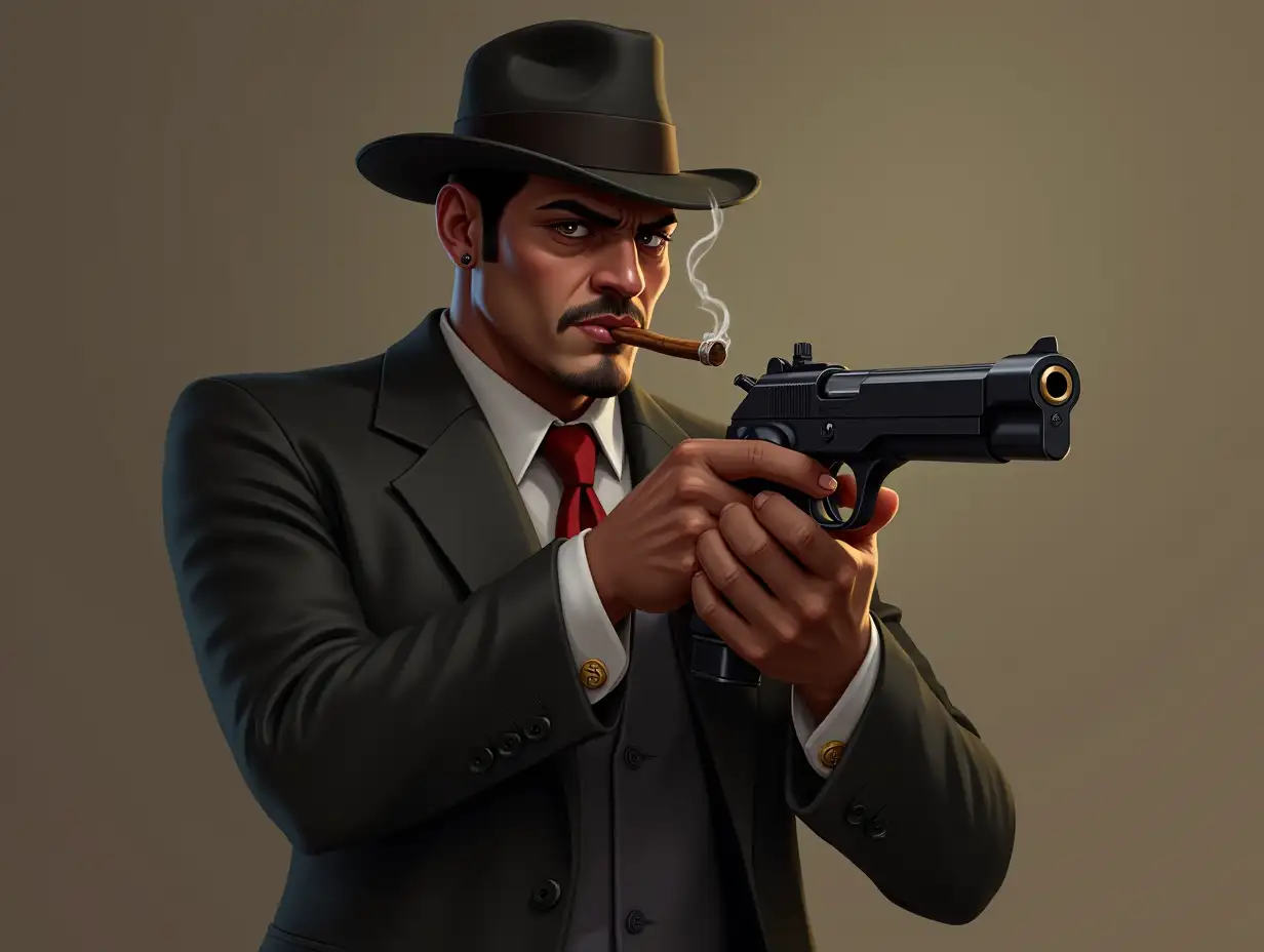 Badass 1920s gangster with a cigar in his mouth and a thompson gun in his hands ready to shoot, standing, full body, 2D digital painting, stylized realism, league of legends art style