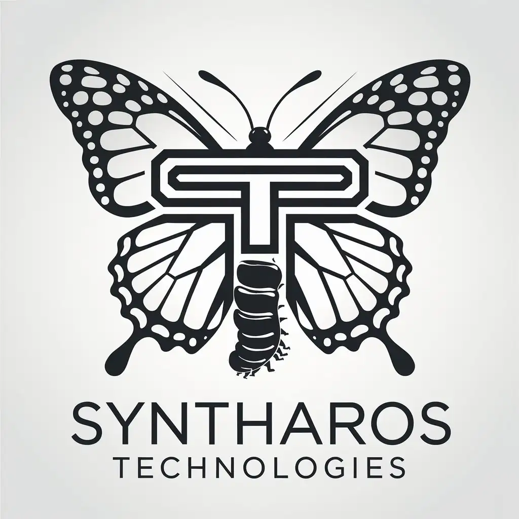 a vector logo design,with the text "Syntharos Technologies", main symbol:butterfly or caterpillar, incorporate letter S and T into image,complex,be used in Technology industry,clear background