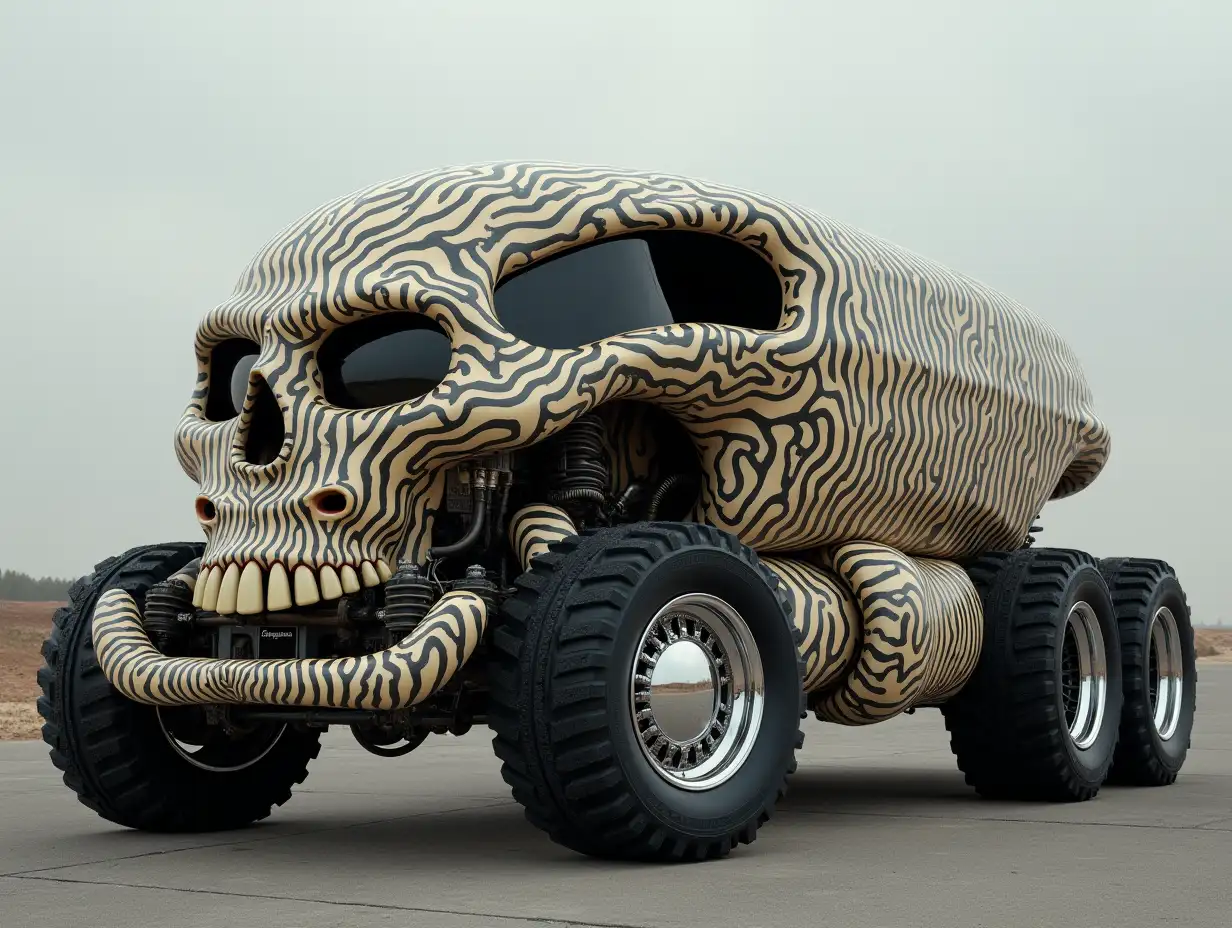 Supreme utopian sports bus lowered body with skull, aluminum wheels, wide tires, cream black zig zag pattern science fiction