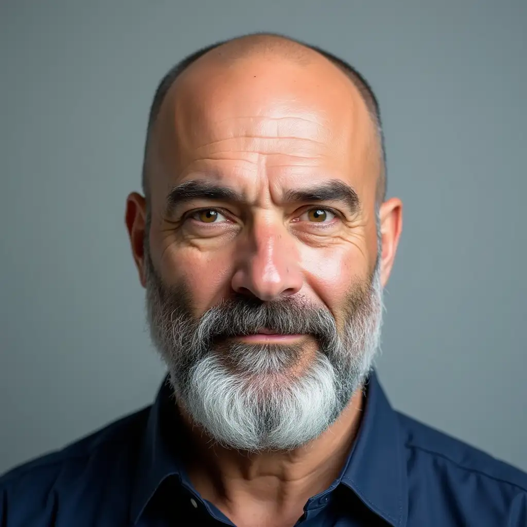 Headshot of a man in his 50s, shoulders-up, completely bald and shaved head, very round face, very long bushy grey beard, green/hazel eyes, dark prominent eyebrows, full lips, medium-light skin tone, neutral expression, soft natural lighting, wearing a navy collared shirt, clean light and single colored background, completely squared shoulders, photorealistic and lifelike style, high detail.