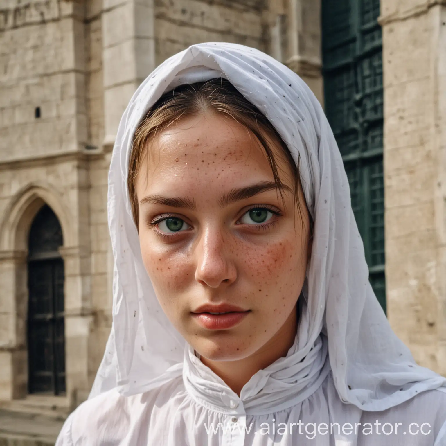 Modest-Girl-with-Green-Eyes-and-Freckles-near-Orthodox-Church