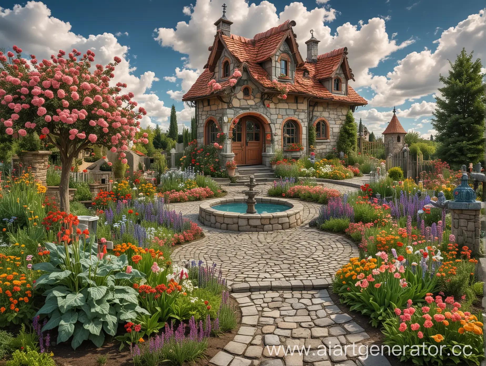 FairyTale-Flower-Garden-with-Fountain-and-Paving-Stone-Paths