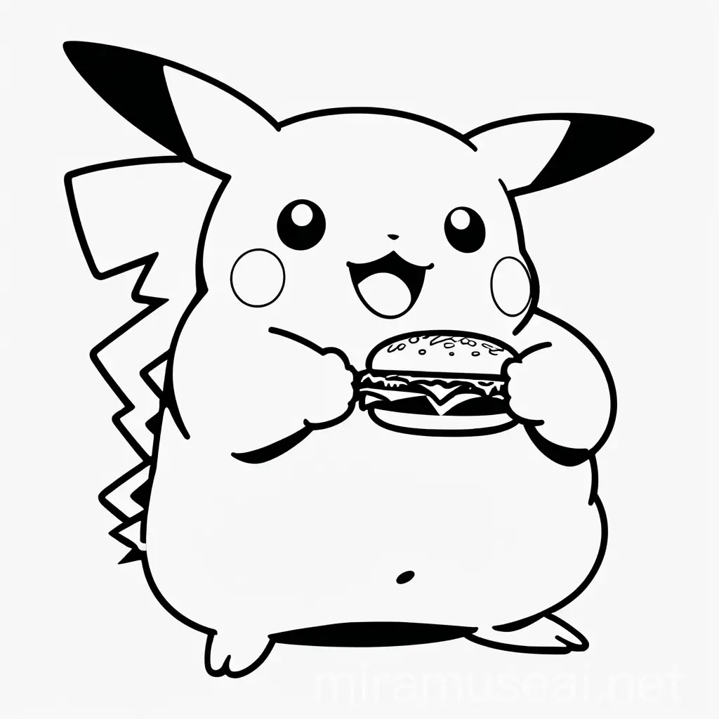 Chubby Pikachu Enjoying a Burger in Monochrome