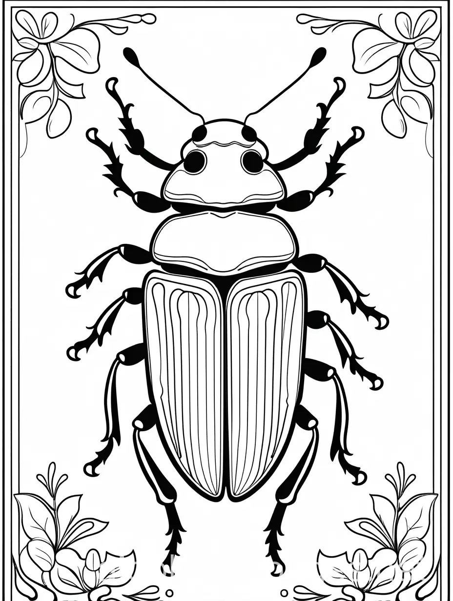 Beetle, Coloring Page, black and white, line art, white background, Simplicity, Ample White Space. The background of the coloring page is plain white to make it easy for young children to color within the lines. The outlines of all the subjects are easy to distinguish, making it simple for kids to color without too much difficulty