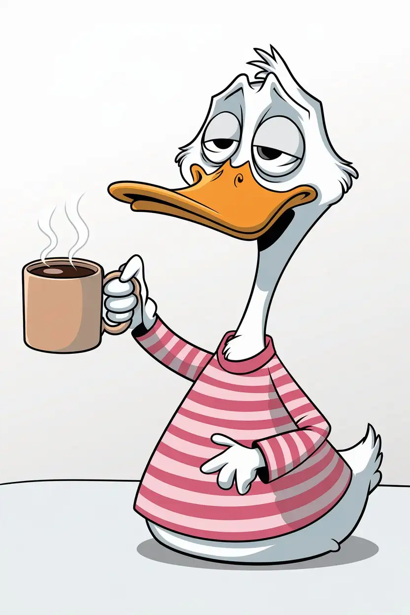 Grumpy Duck in Striped Pajamas Enjoying Coffee