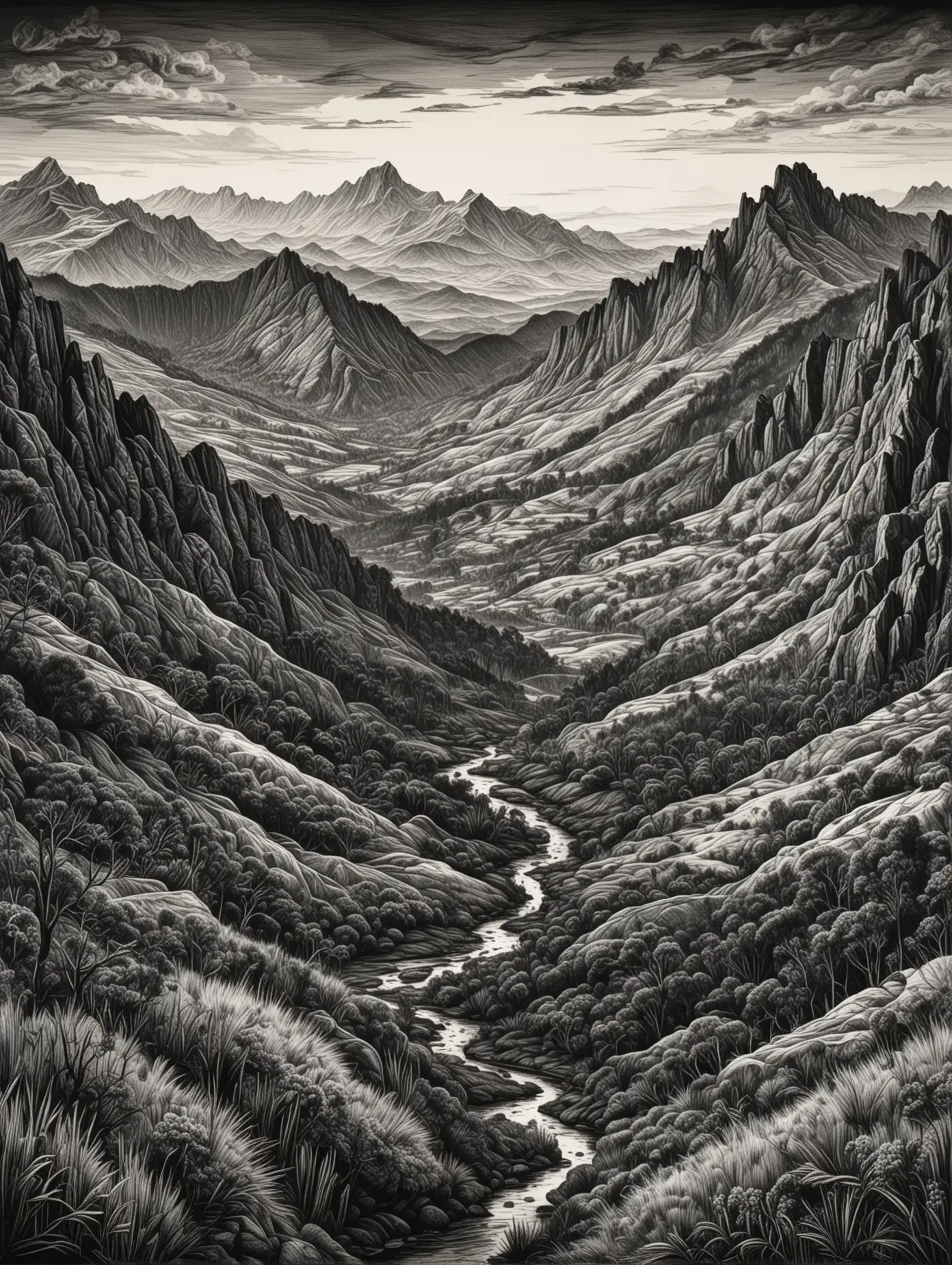 Dark and Moody Engraved Line Drawing of Australian Alpine High Country Mountain Landscape