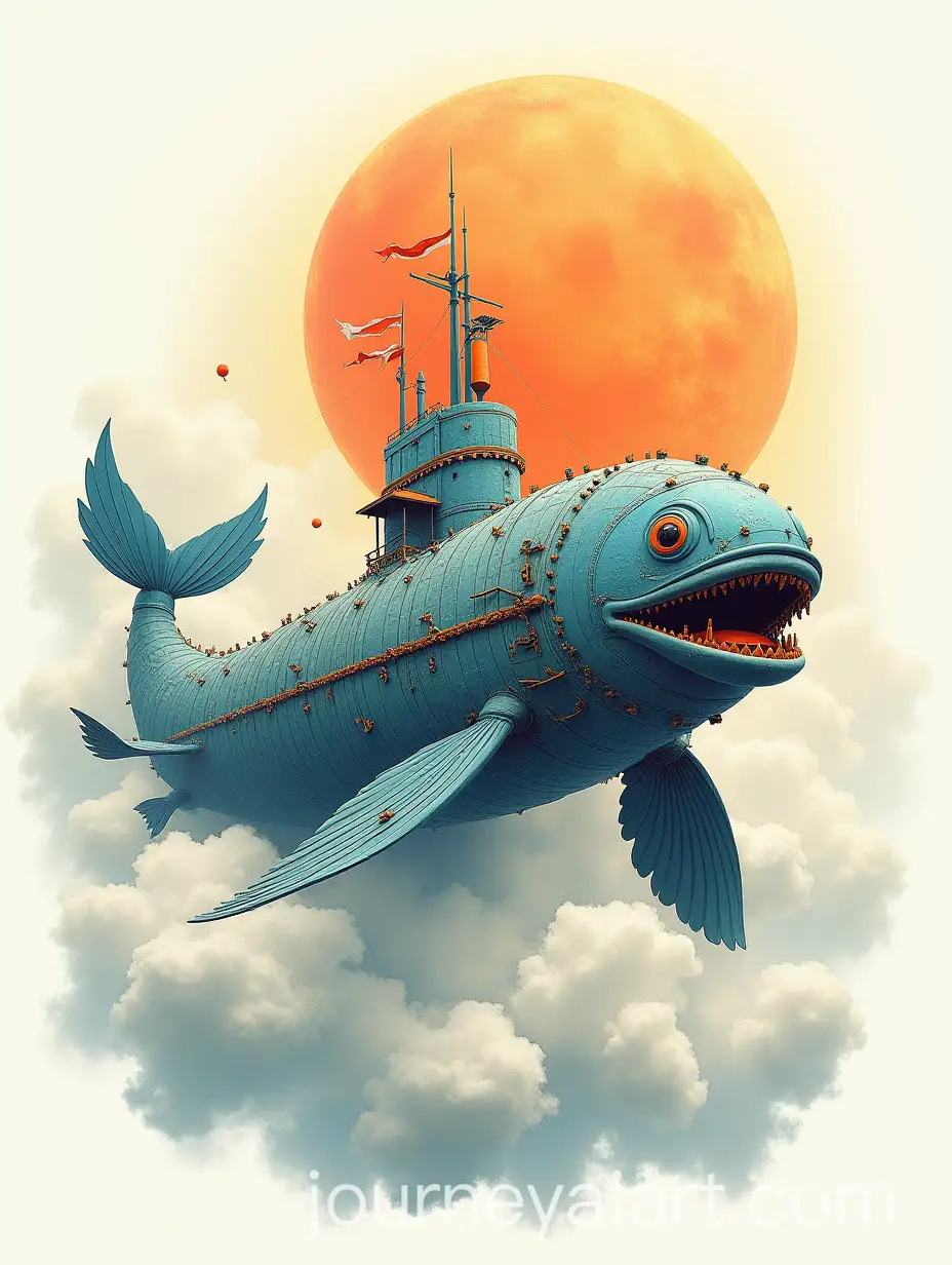Mythical-FishShaped-Submarine-Sailing-Through-Clouds-Under-a-Mythological-Sun